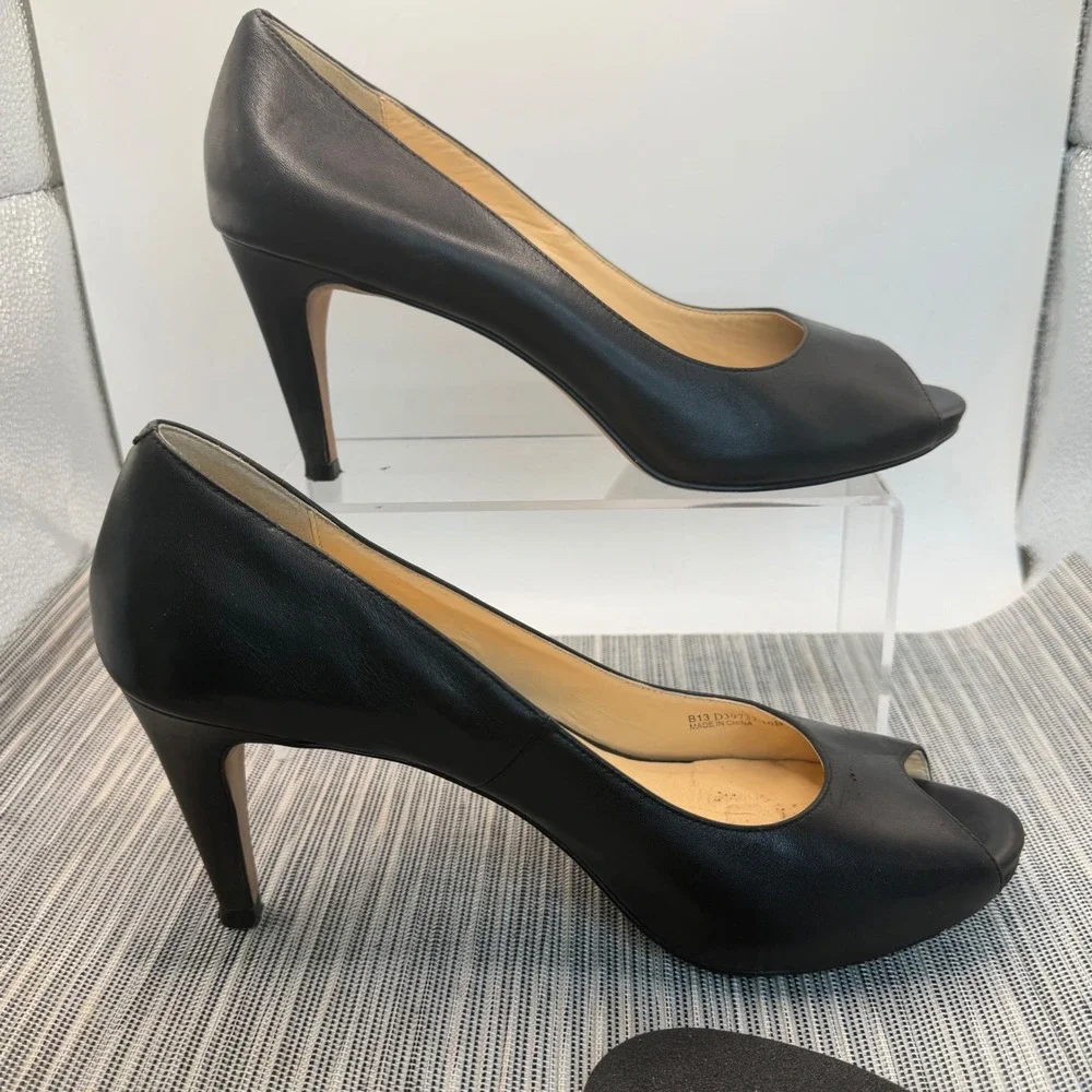 Cole Haan Chelsea Peep Toe Pumps Size 10B Black‎ Leather Platform Stiletto Heels